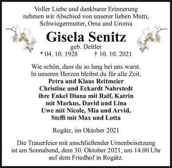 Traueranzeige von Gisela Senitz (geb. Dettler)  von Magdeburger Volksstimme