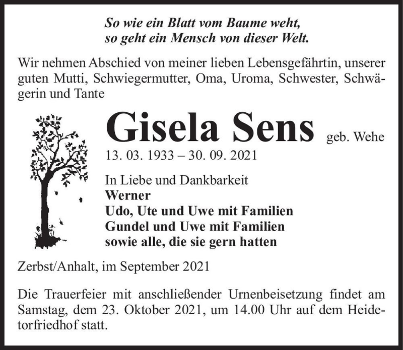  Traueranzeige für Gisela Sens (geb. Wehe)  vom 09.10.2021 aus Magdeburger Volksstimme