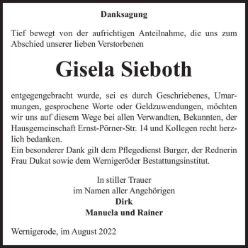 Traueranzeige von Gisela Sieboth  von Magdeburger Volksstimme