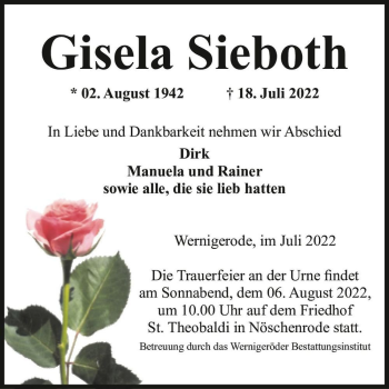 Traueranzeige von Gisela Sieboth  von Magdeburger Volksstimme