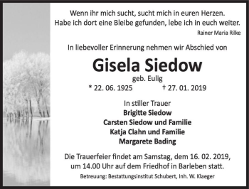 Traueranzeige von Gisela Siedow (geb. Eulig)  von Magdeburger Volksstimme