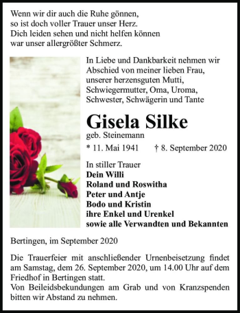 Traueranzeige von Gisela Silke (geb. Steinemann)  von Magdeburger Volksstimme
