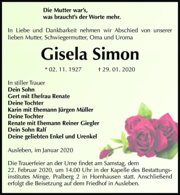 Traueranzeige von Gisela Simon  von Magdeburger Volksstimme