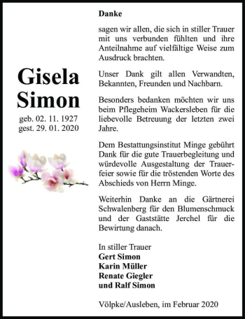 Traueranzeige von Gisela Simon  von Magdeburger Volksstimme