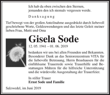Traueranzeige von Gisela Sode  von Magdeburger Volksstimme