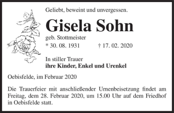 Traueranzeige von Gisela Sohn (geb. Stottmeister)  von Magdeburger Volksstimme