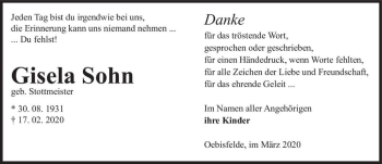 Traueranzeige von Gisela Sohn (geb. Stottmeister)  von Magdeburger Volksstimme