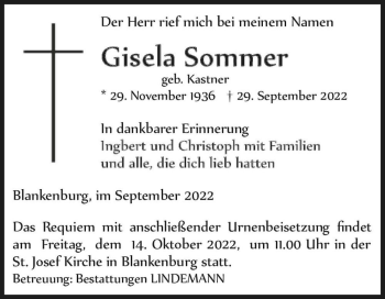 Traueranzeige von Gisela Sommer (geb. Kastner)  von Magdeburger Volksstimme