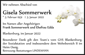 Traueranzeige von Gisela Sommerwerk  von Magdeburger Volksstimme