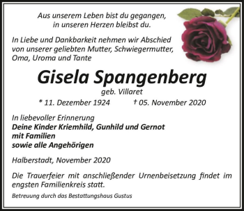 Traueranzeige von Gisela Spangenberg (geb. Villaret)  von Magdeburger Volksstimme