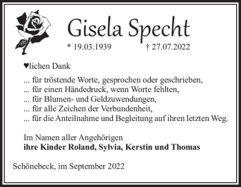 Traueranzeige von Gisela Specht  von Magdeburger Volksstimme