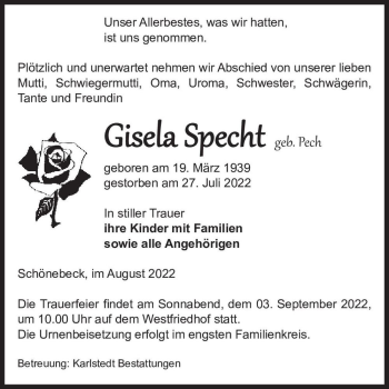 Traueranzeige von Gisela Specht (geb. Pech)  von Magdeburger Volksstimme