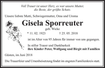 Traueranzeige von Gisela Sporreuter (geb. Wicke)  von Magdeburger Volksstimme