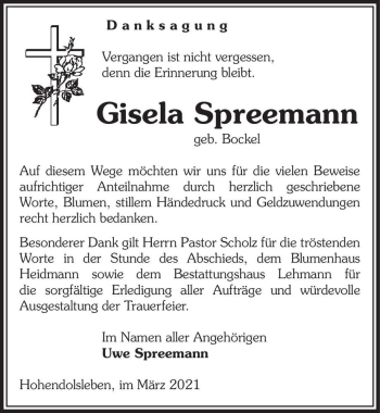 Traueranzeige von Gisela Spreemann (geb. Bockel)  von Magdeburger Volksstimme