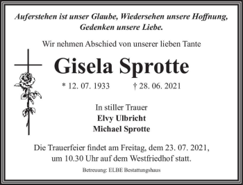 Traueranzeige von Gisela Sprotte  von Magdeburger Volksstimme