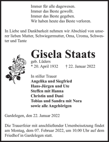 Traueranzeige von Gisela Staats (geb. Lüders)  von Magdeburger Volksstimme