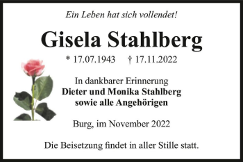 Traueranzeige von Gisela Stahlberg  von Magdeburger Volksstimme