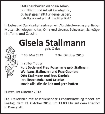 Traueranzeige von Gisela Stallmann (geb. Oelze)  von Magdeburger Volksstimme