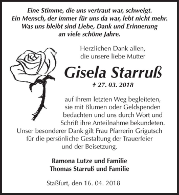 Traueranzeige von Gisela Starruß  von Magdeburger Volksstimme