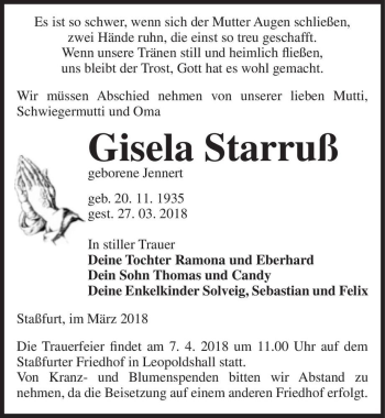 Traueranzeige von Gisela Starruß (geb. Jennert)  von Magdeburger Volksstimme
