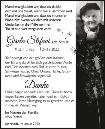 Traueranzeige von Gisela Stefani  von Magdeburger Volksstimme