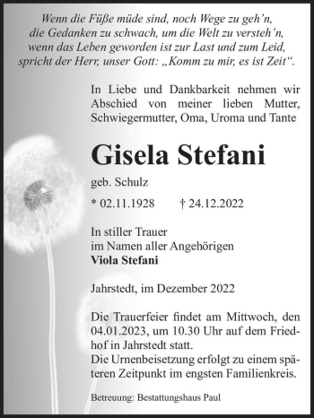 Traueranzeige von Gisela Stefani (geb. Schulz)  von Magdeburger Volksstimme