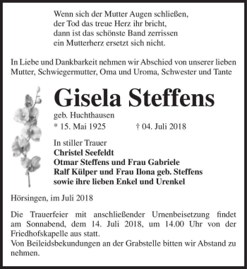 Traueranzeige von Gisela Steffens (geb. Huchthausen)  von Magdeburger Volksstimme