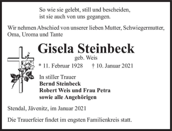 Traueranzeige von Gisela Steinbeck (geb. Weis)  von Magdeburger Volksstimme