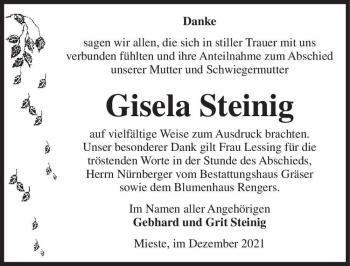 Traueranzeige von Gisela Steinig  von Magdeburger Volksstimme