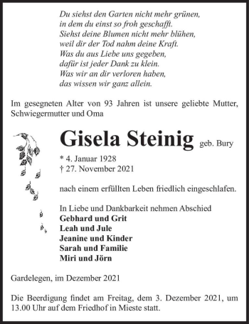 Traueranzeige von Gisela Steinig (geb. Bury)  von Magdeburger Volksstimme