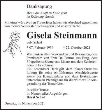 Traueranzeige von Gisela Steinmann (geb. Schad)  von Magdeburger Volksstimme
