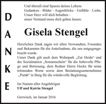 Traueranzeige von Gisela Stengel  von Magdeburger Volksstimme