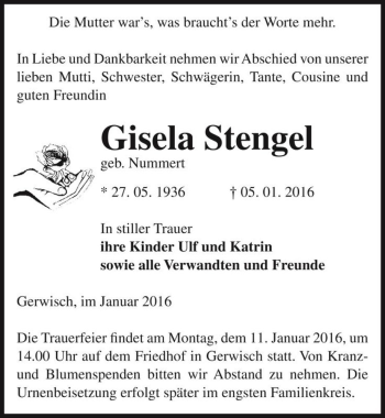 Traueranzeige von Gisela Stengel (geb. Nummert)  von Magdeburger Volksstimme