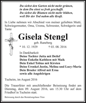 Traueranzeige von Gisela Stengl (geb. Raneberg)  von Magdeburger Volksstimme