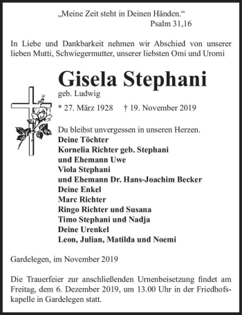 Traueranzeige von Gisela Stephani (geb. Ludwig)  von Magdeburger Volksstimme
