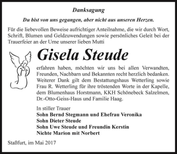Traueranzeige von Gisela Steude  von Magdeburger Volksstimme