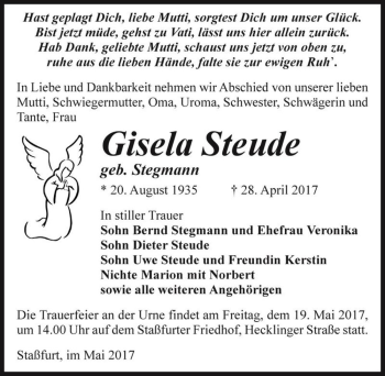 Traueranzeige von Gisela Steude (geb. Stegmann)  von Magdeburger Volksstimme
