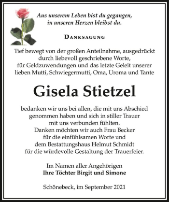 Traueranzeige von Gisela Stietzel  von Magdeburger Volksstimme