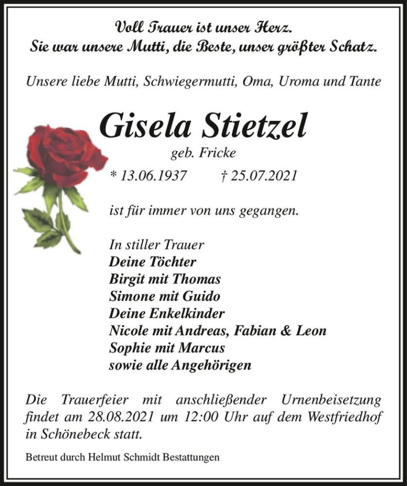  Traueranzeige für Gisela Stietzel (geb. Fricke)  vom 07.08.2021 aus Magdeburger Volksstimme