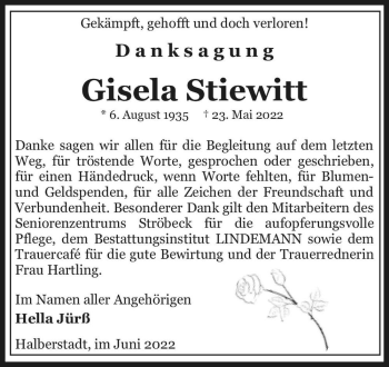 Traueranzeige von Gisela Stiewitt  von Magdeburger Volksstimme