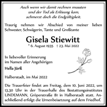 Traueranzeige von Gisela Stiewitt  von Magdeburger Volksstimme