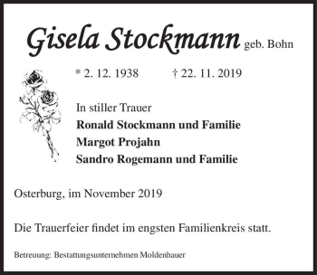 Traueranzeige von Gisela Stockmann (geb. Bohn)  von Magdeburger Volksstimme