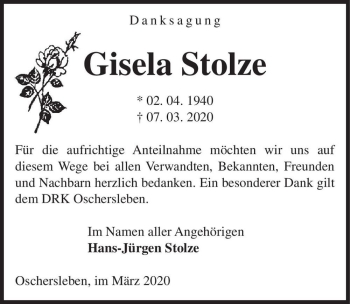 Traueranzeige von Gisela Stolze  von Magdeburger Volksstimme