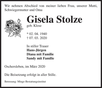 Traueranzeige von Gisela Stolze (geb. Klose)  von Magdeburger Volksstimme