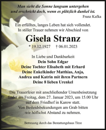 Traueranzeige von Gisela Stranz  von Magdeburger Volksstimme