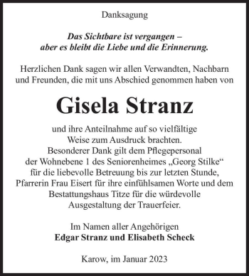 Traueranzeige von Gisela Stranz  von Magdeburger Volksstimme