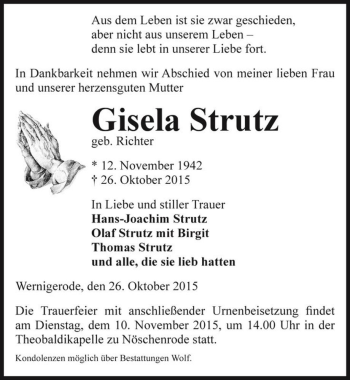 Traueranzeige von Gisela Strutz (geb. Richter)  von Magdeburger Volksstimme