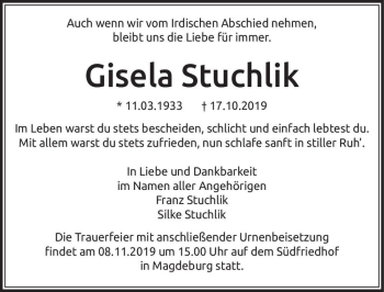 Traueranzeige von Gisela Stuchlik  von Magdeburger Volksstimme
