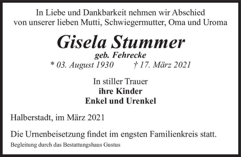  Traueranzeige für Gisela Stummer (geb. Fehrecke)  vom 20.03.2021 aus Magdeburger Volksstimme