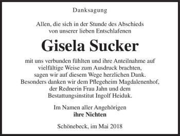 Traueranzeige von Gisela Sucker  von Magdeburger Volksstimme